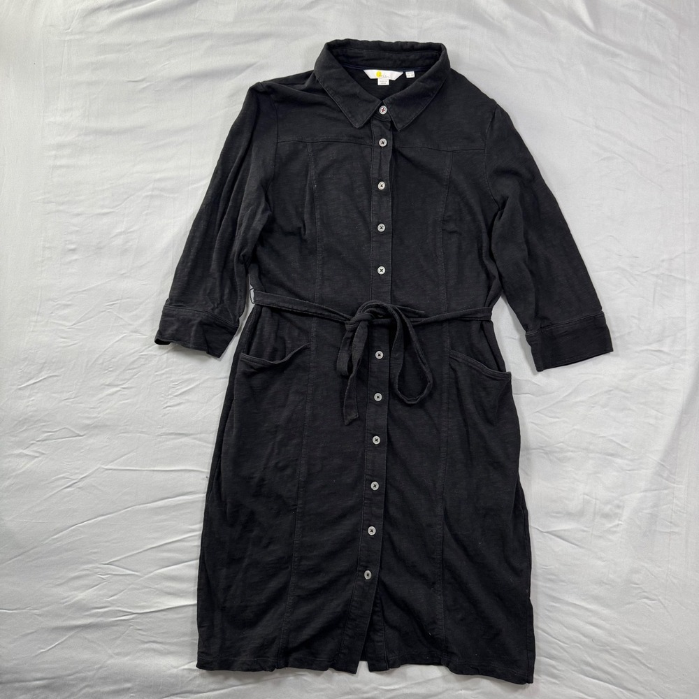 Boden Black Cotton Slub Knit Button Front Belted Shirt Poplin‎ Dress Pockets 8P